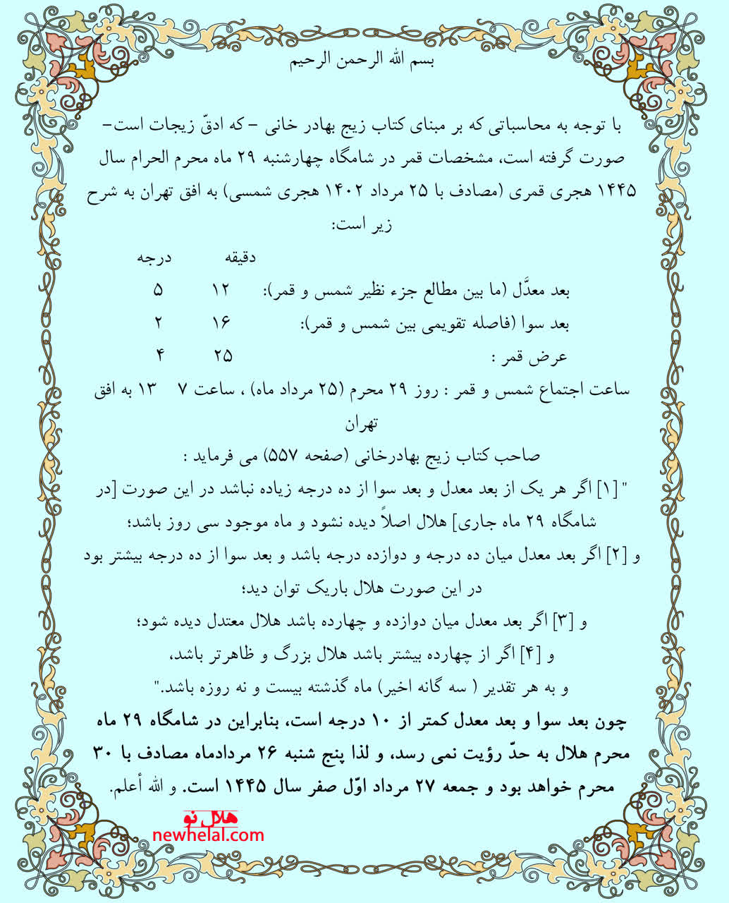 تصویر مقاله وبلاگ درباره هلال ماه صفر سال ۱۴۴۵ هجری قمری را می‌نشاند.