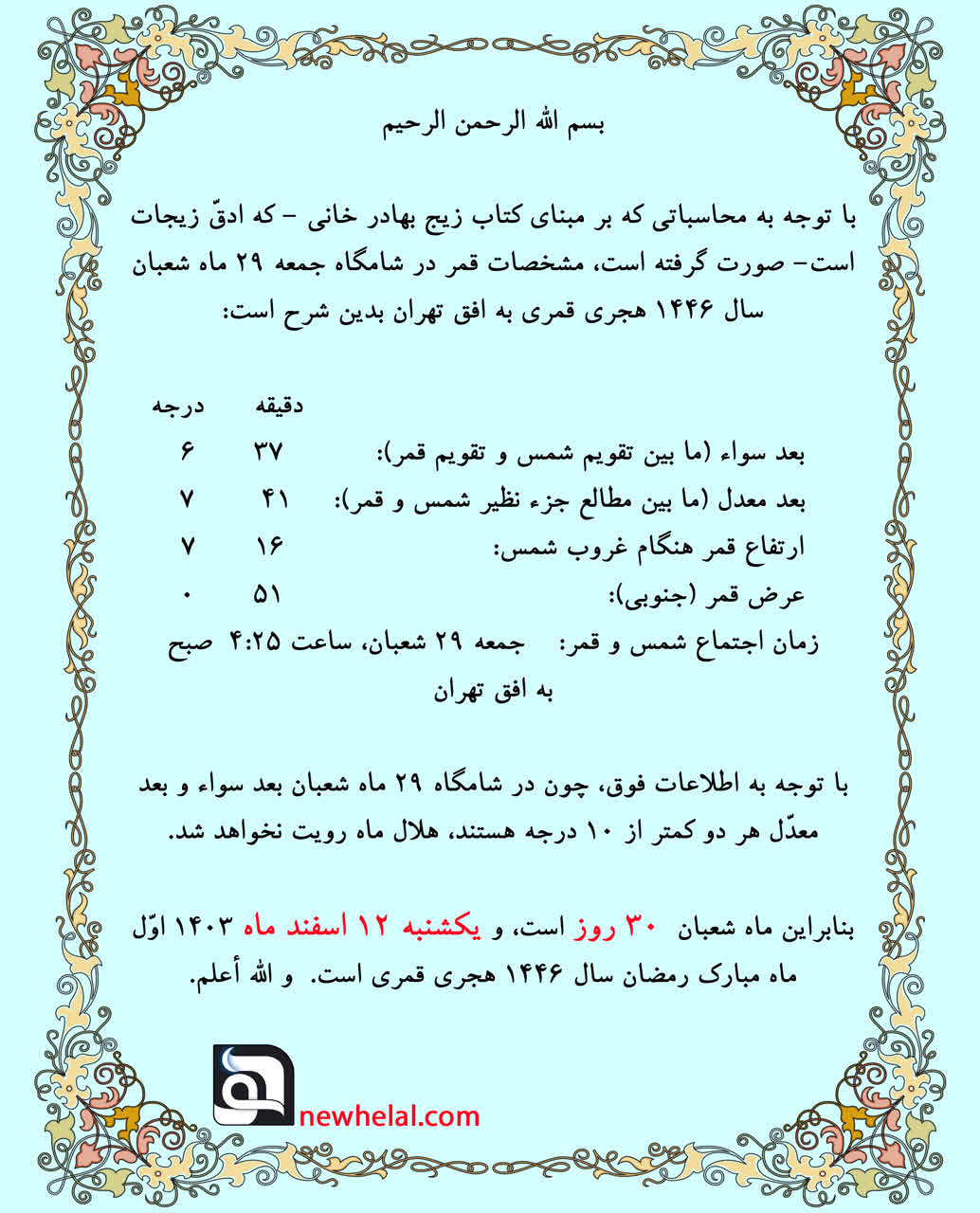 تصویر مقاله وبلاگ درباره رویت هلال ماه مبارک رمضان سال ۱۴۴۶ قمری و ۱۴۰۳ شمسی.