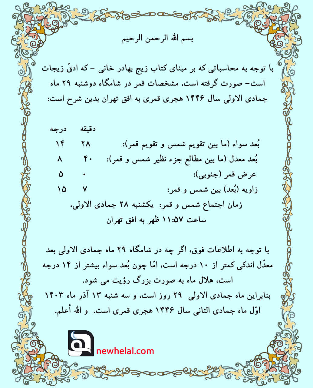 تصویر رویت هلال ماه تقویت شده در اولیه جمادی 1446 هجری قمری.