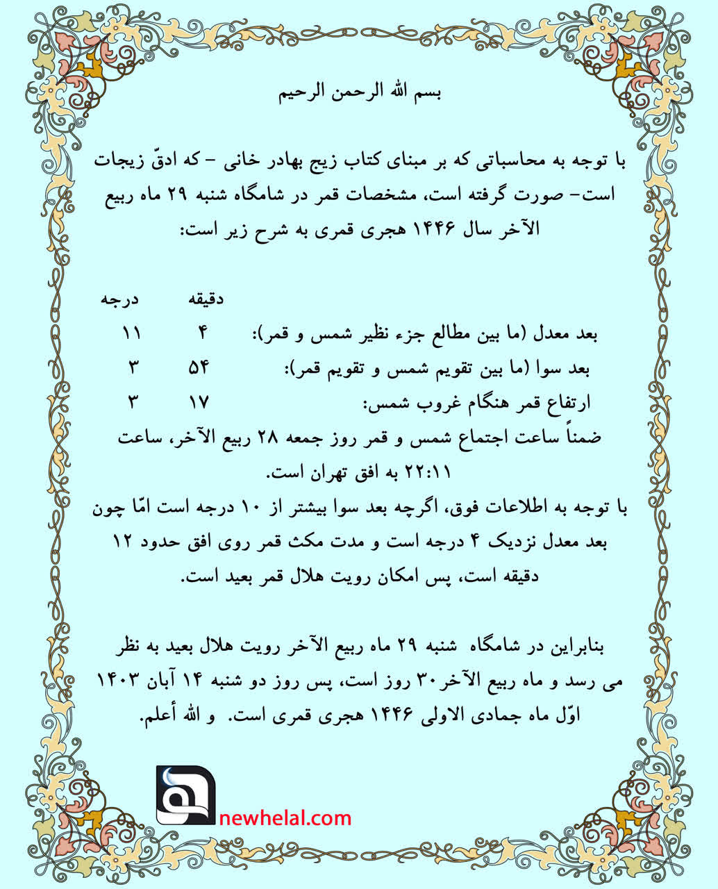 تصویری از رویت هلال ماه به همراه تقویم شمسی قمری.