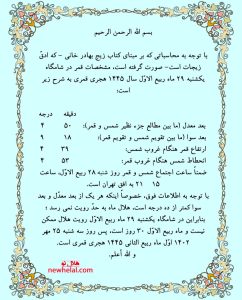 تصویر ماه ربیع الثانی ۱۴۴۵ هجری قمری بر روی تقویم شمسی نمایش داده شده است.