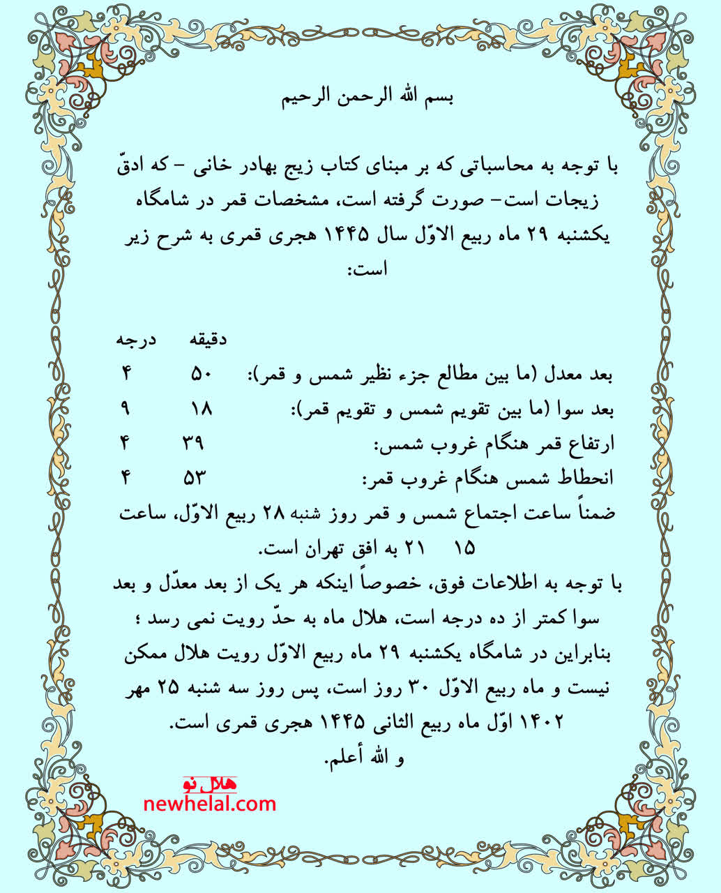تصویر ماه ربیع الثانی ۱۴۴۵ هجری قمری بر روی تقویم شمسی نمایش داده شده است.